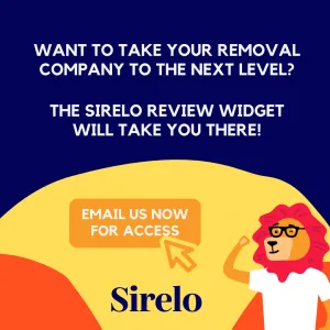Sirelo banner promoting the Sirelo Review Widget for removal companies, with an "Email us now for access" button.